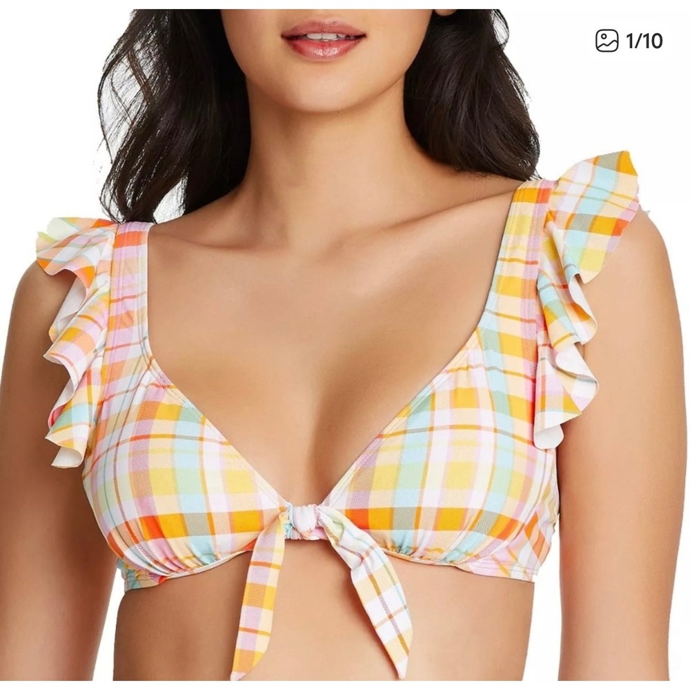 Bleu Rod Beattie Plaid Ruffle V Neck Bikini Top‎ Orange Multi Size 6 NWT